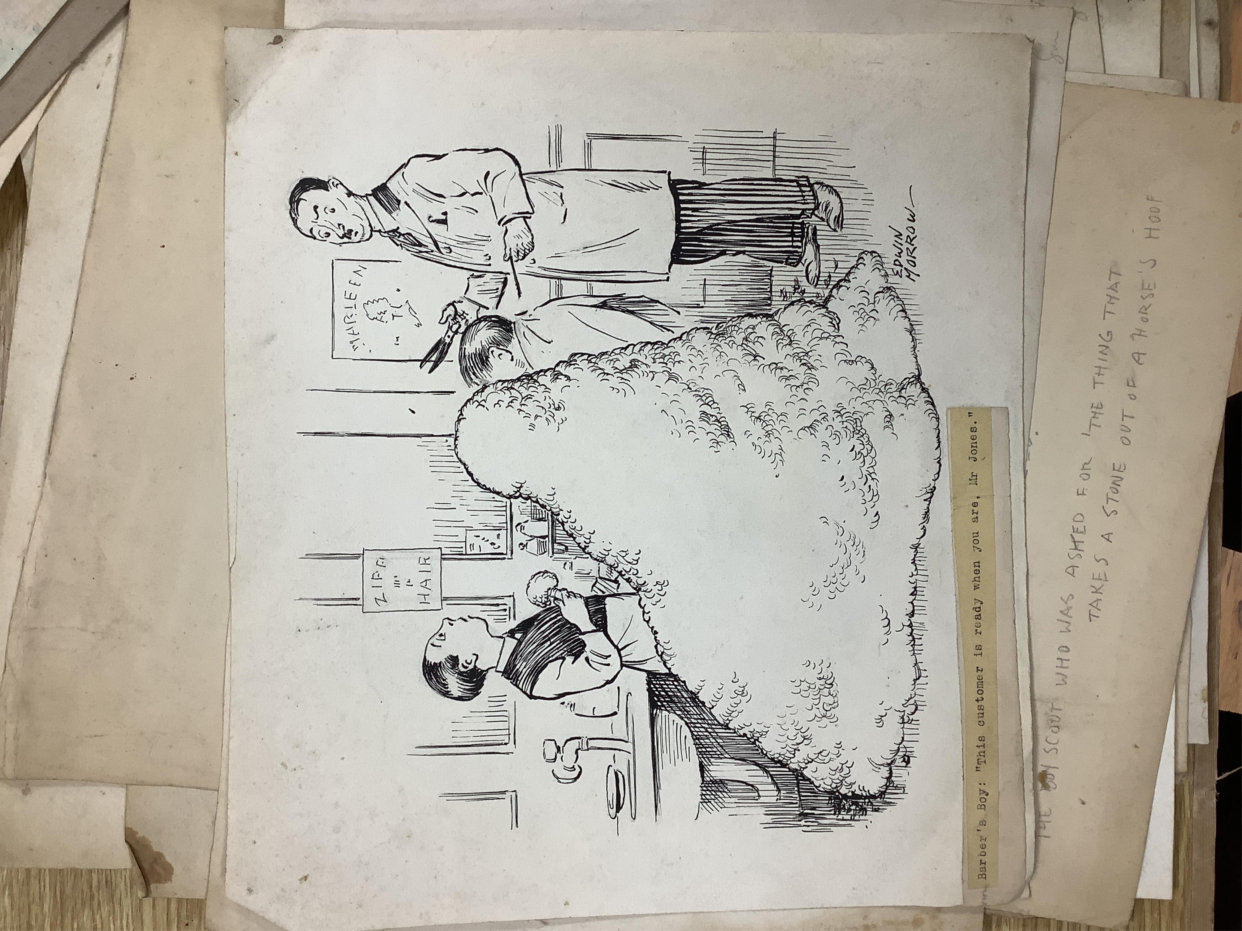 A folio of cartoons, caricatures, cartoons and opera house designs, mostly by Edwin Morrow (Irish) and Norman Morrow, to include 'Caution Weir here', 'The Sublime Good Deed' and 'Bluff at the Garrick', with a collection